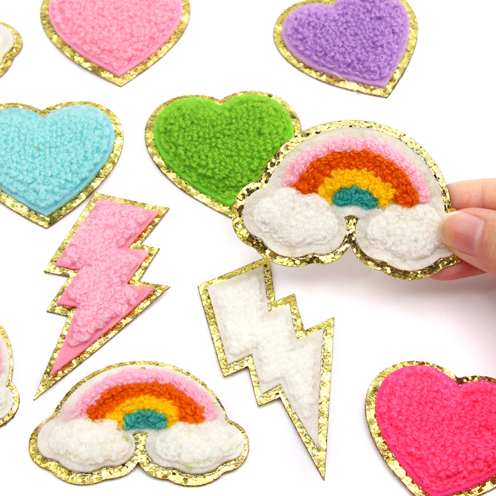 Wholesale Life Style Heat Applied Jacket Custom Logo Designer Sweatshirt Elbow Iron Adhesive Glitter Rainbow Chenille Patches