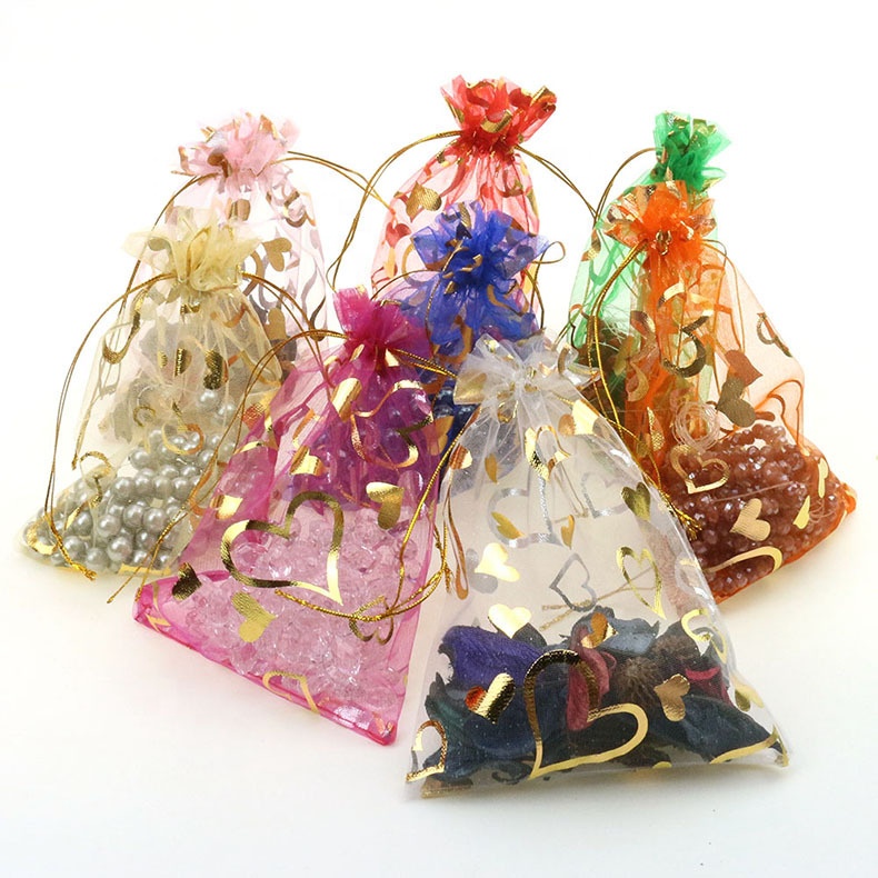 Organza Gift Bag с Heart Drawstring, Small Pouch, Gold Printing, Stock, Hot, Wholesale, 7x9cm