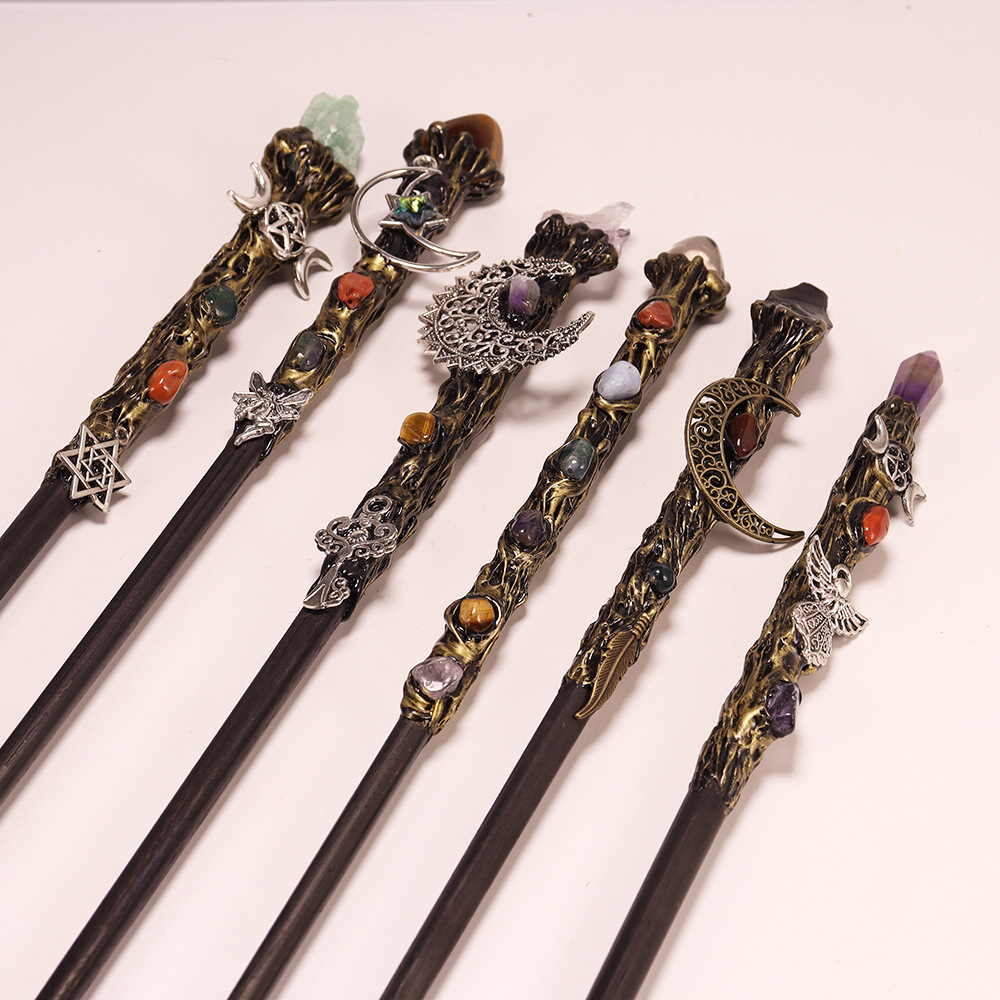 32cm Natural Crystal Fairy Wand Gravel Double Headed Magic Wand Retro Wiccan Accessory Magic Wand