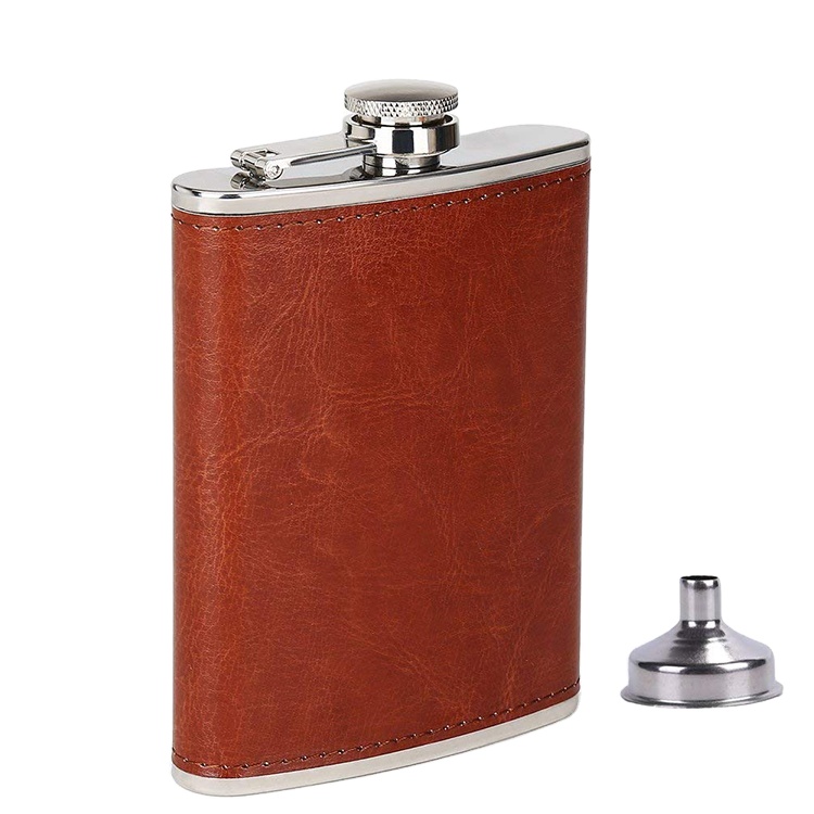 Amazon Hot Seller 8oz Pocket Drinking Liquor Brown Leather Stainless Steel Hip Flask