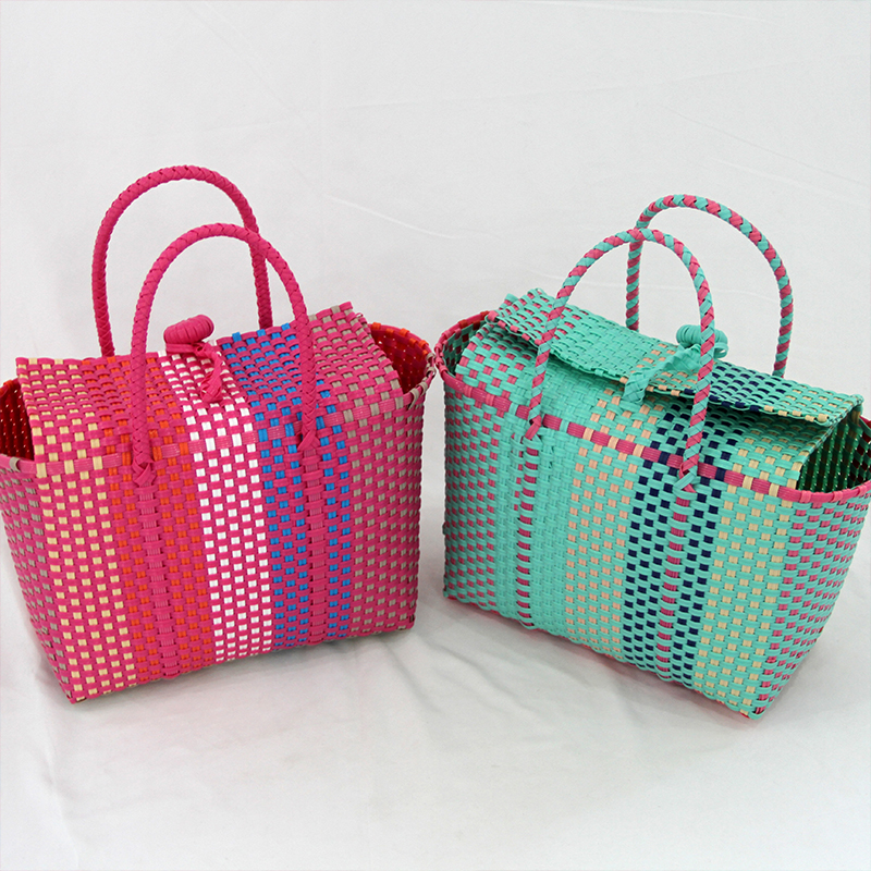 Wholesale Handmade Colorful Woven Picnic Handbag Plastic Shopping Tote Bag