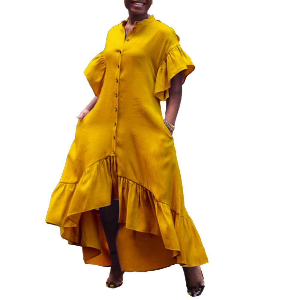 C8418 womens summer temperament commuter solid color irregular puff sleeve African dress maxi dresses women summer