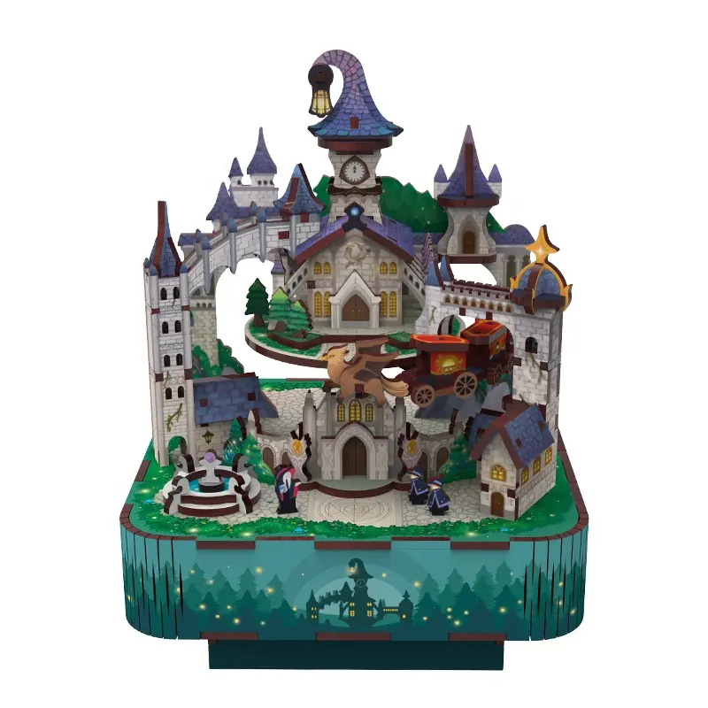 Tonecheer Wholesale Handmade Magical Castle Decorative Wooden  Carousel Wooden Music Box