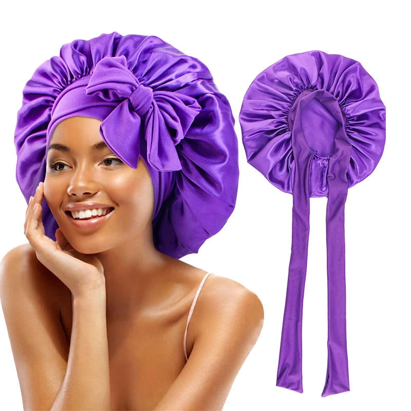 Adjustable Night Sleep Cap for Women Women Satin Solid Sleeping Hat Shower Caps Waterproof Solid Sleeping Hair Bonnets Cap