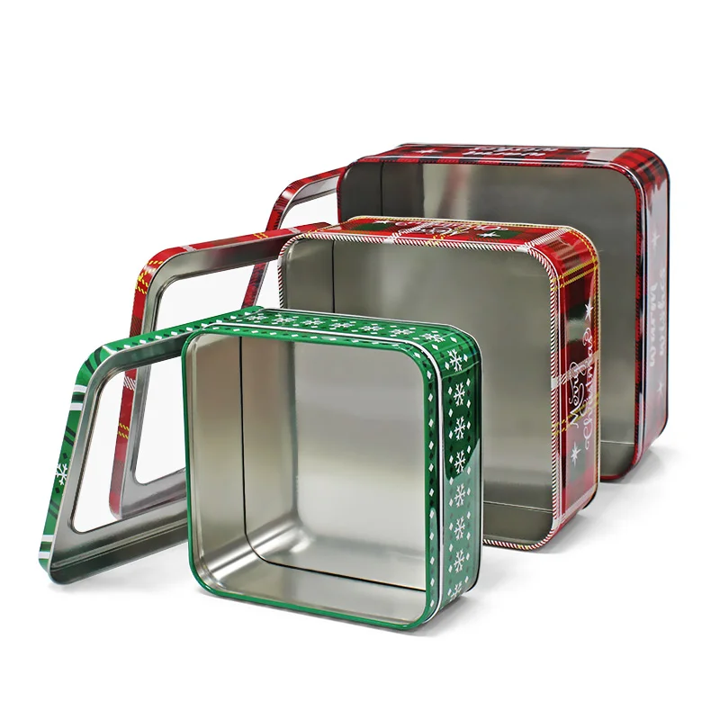 Food Grade Cookie Metal Box Christmas Tin Can With Pvc Window Custom Tin Box Squared Metal Boxes For Sweets Cake Packaging