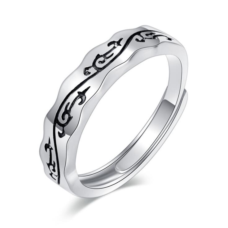 Chinese style open ring men's single domineering tail ring live mouth retro Thai silver trendy male personality distressed ring