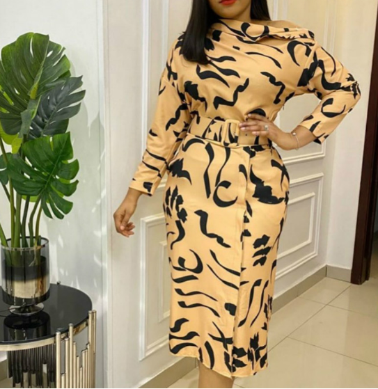 2021 Autumn Elegant Vestidos Waist Belt Printing Career Office Dress