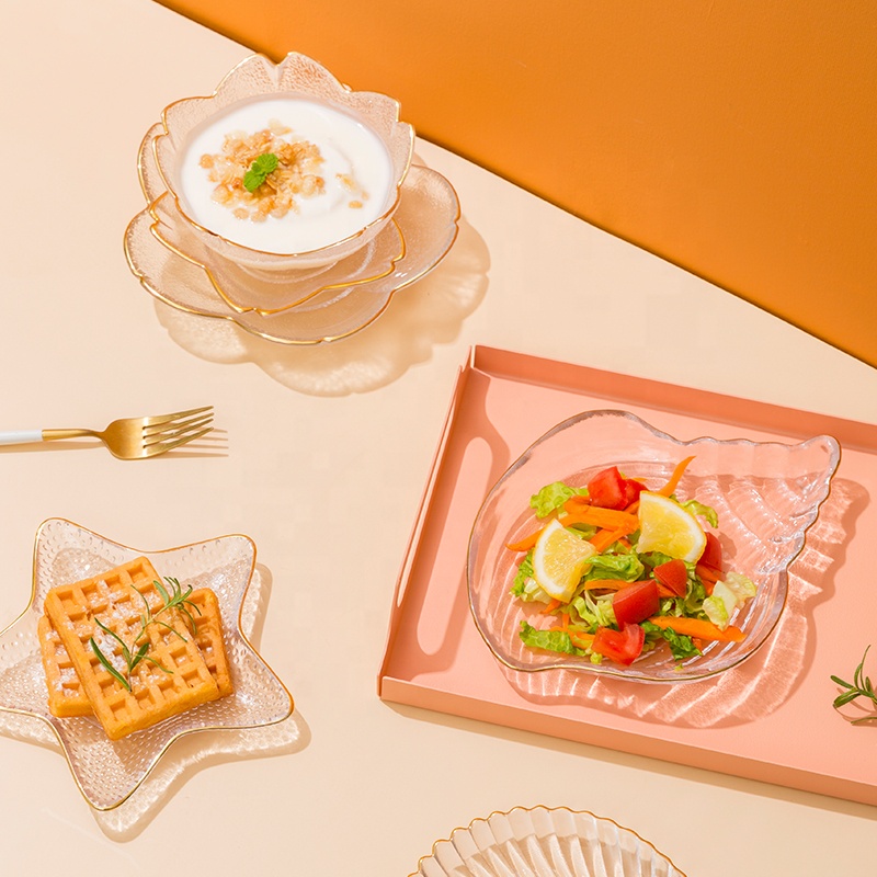 Wholesale Cheap Flower Shell Heart Shape Food Container Dessert Fruit Snack Colorful Glass Salad Bowl With Gold Rim