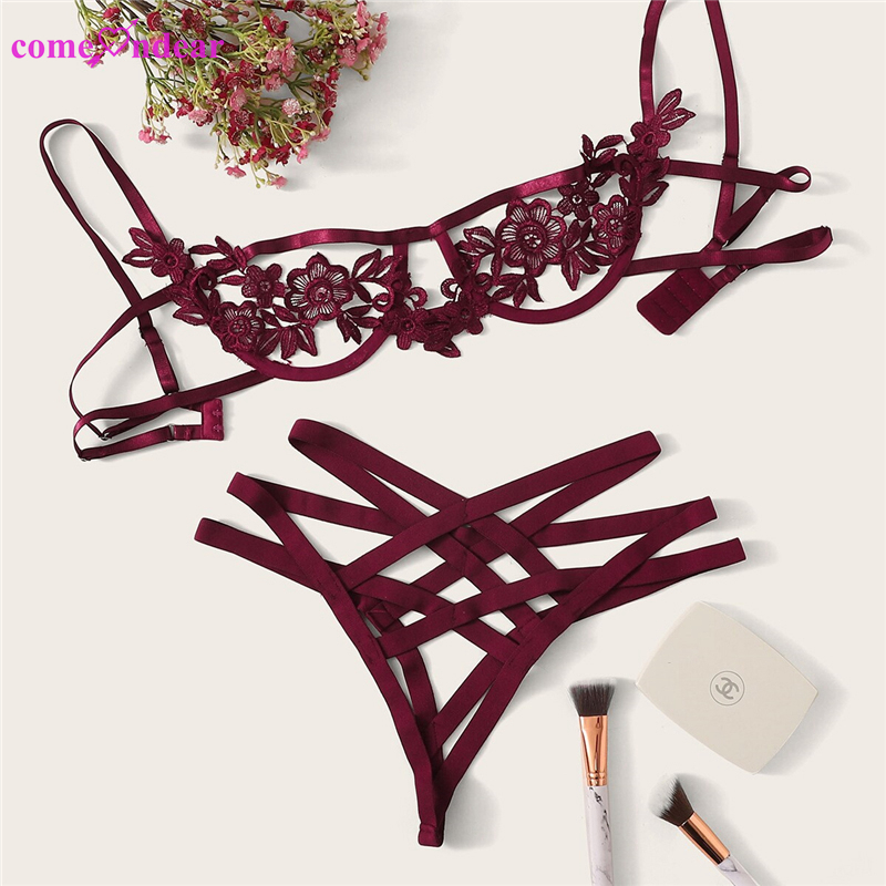 Оптовая продажа дамы вышивка прозрачный Bralette Стильный бюстгальтер трусики набор