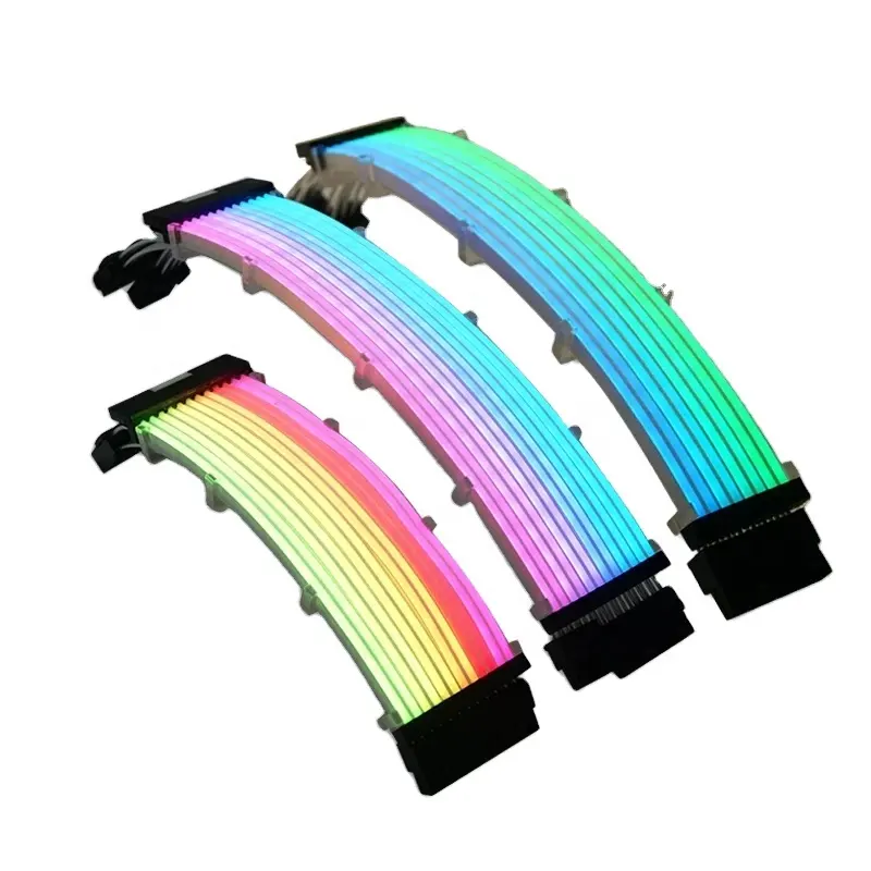 Computer PSU Extension Cable RGB II Upgrade Strimer Plus Rainbow Neon Effect, Triple GPU 8Pin ATX 24Pin, 5V ARGB SYNC+Controller