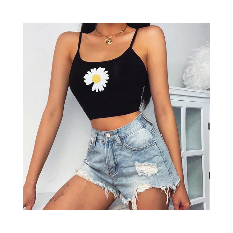 YH2070 Nunu одежда хризантемы печати на бретельках Croptop с низким вырезом на спине Топ для женщин Базовая Tanktops