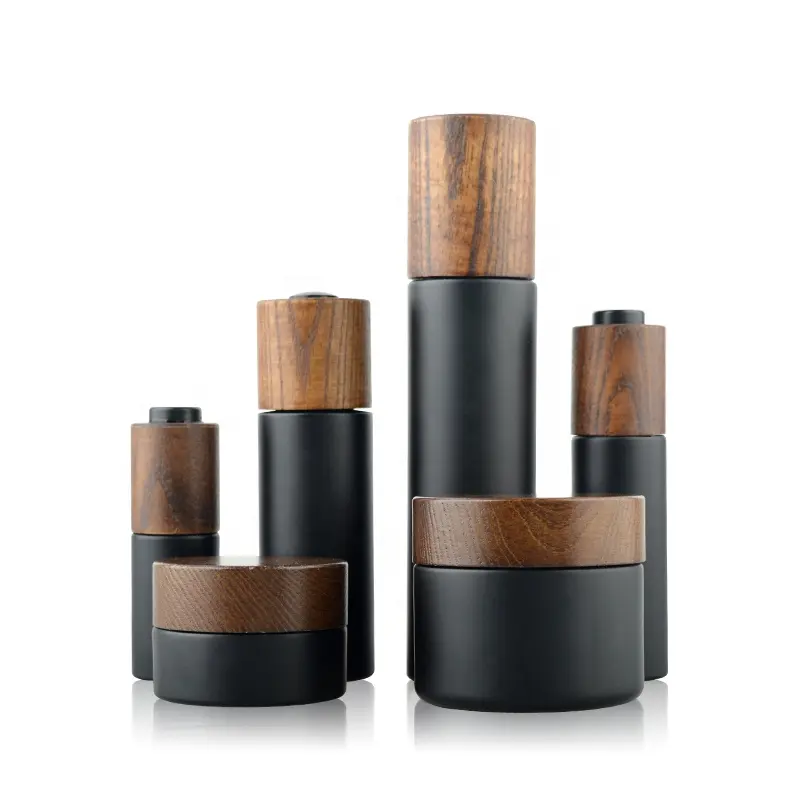 New developed luxury cosmetic packaging container frosted black glass packaging bottle with wooden cap