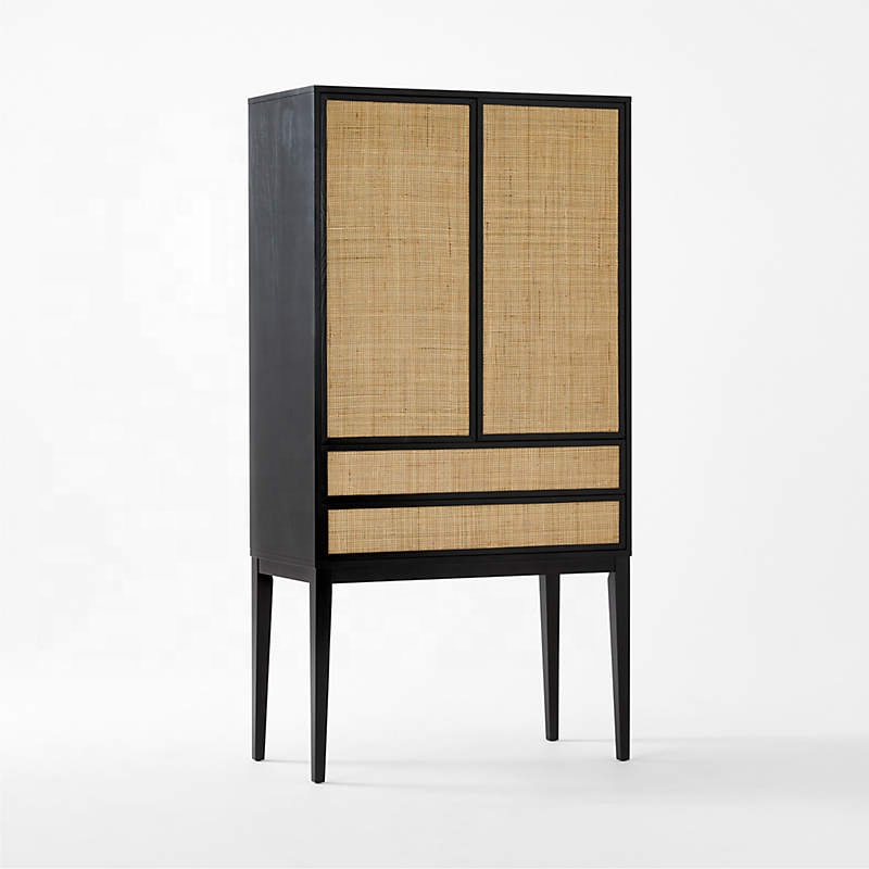 American Retro Kitchen Rattan Wood Sideboard Living Room Side Cabinet Wooden Home Storage Wine Bar Cabinet