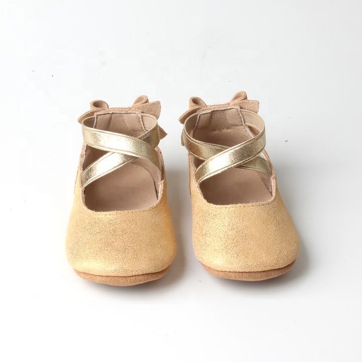 Glitter Yellow Back Bow Baby and Toddler Girls Ballet Shoes Genuine Leather First Walkers