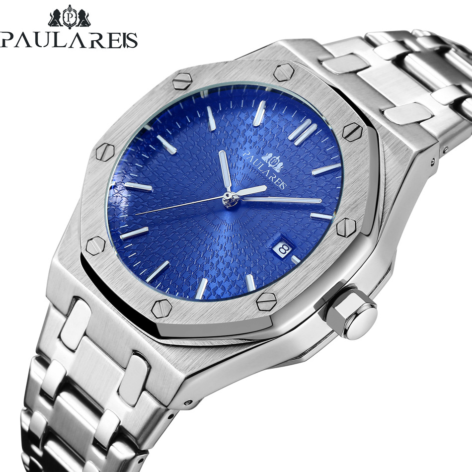 Paulareis Men Automatic Self Wind Mechanical Stainless Steel Strap Simple Business Blue Rose Gold Yellow Gold Date Watch