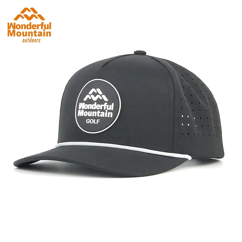 Hot selling high quality leather patch rubber patch custom logo laser holes rope 5 panel baseball hat golf hat sports hat