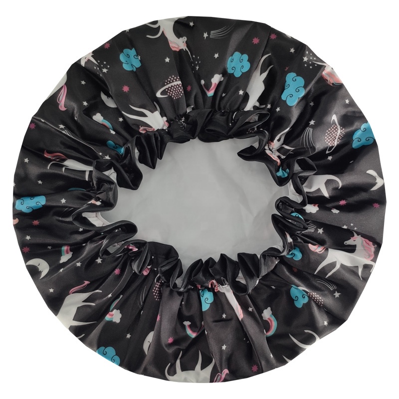 Digital printing cartoon shower caps low MOQ large enough elastic double layer Unicorn shower cap high quality