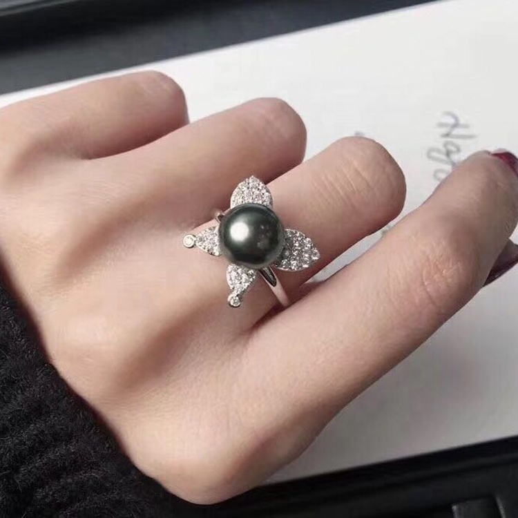 9-10mm Real Natural Freshwater Pearl 925 Sterling Silver With Gold Plated Adjustable size ring simple style for women