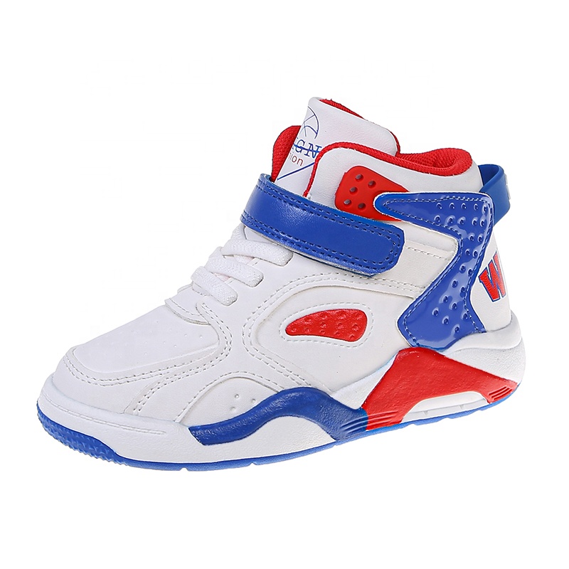 White Upper With Blue And Green Different Match Color Upper Design With Soft Lining For Kids Basketball Shoes Sport