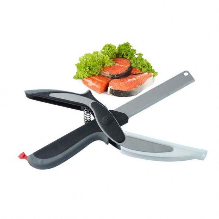HelloWorld Retail box clever smart 2 in 1 cutter knife board stainless steel cutter Meat cheese vegetable scissors
