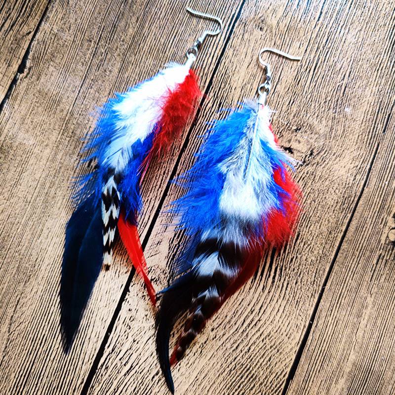 American Independence Day Jewelry Set Party Hot Sale Bohemian Natural Wild Feather Hoop Earrings
