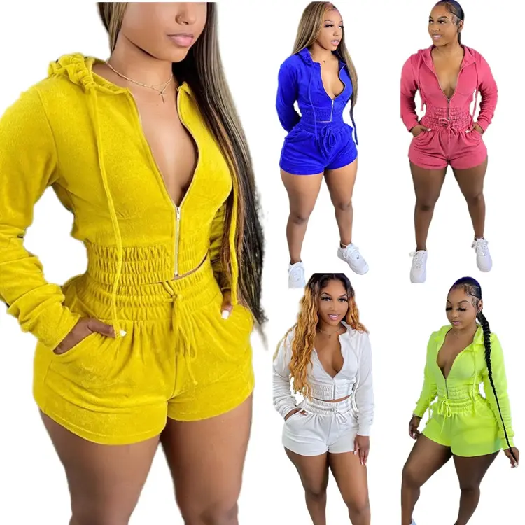 2021 New Fall Winter Sporty Ladies Two Piece Velvet Tracksuits Sweatsuits Long Sleeve Hoodies And Shorts Set For Women