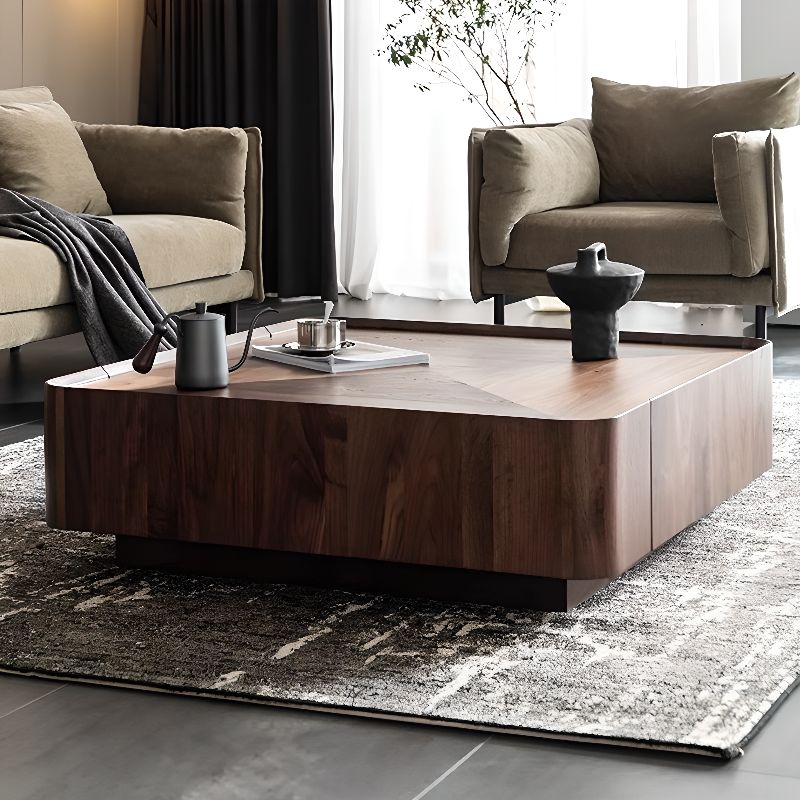 Fluted Square Beige Travertine Ribbed Wooden Coffee Table With Storage Room Set Living Room