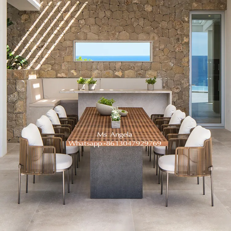 modern new outdoor rattan furniture luxury outdoor teak wood dining table 8 10 people seats patio garden rattan chairs set