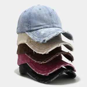 Wholesale Blank Worn Out Washed Style Gorras Sunhat  6 Panels Baseball Cap Distressed Faded Denim Dad Hat Jean Blue Trucker Hat