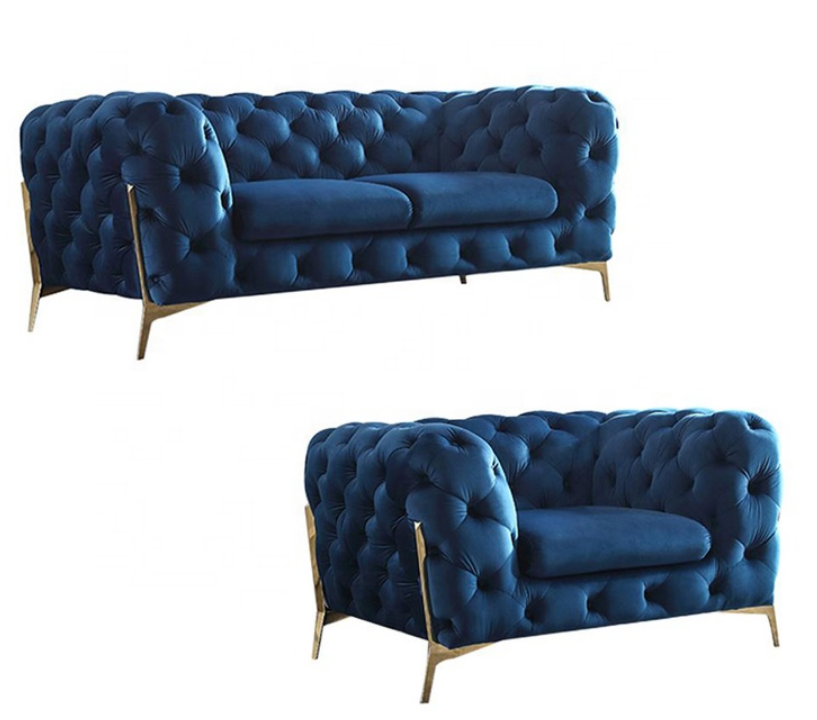 Upholstery Couch Lounge Blue Velvet Chesterfield Living room Sofa With Golden Leg
