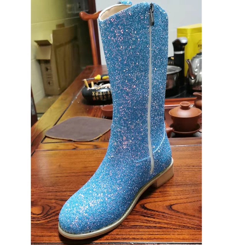 LE SLIDES Furry Boots Cows Suede Leather Furry White Boots Women Sparkly Cowboy Knee High Flat Boots Women Girls