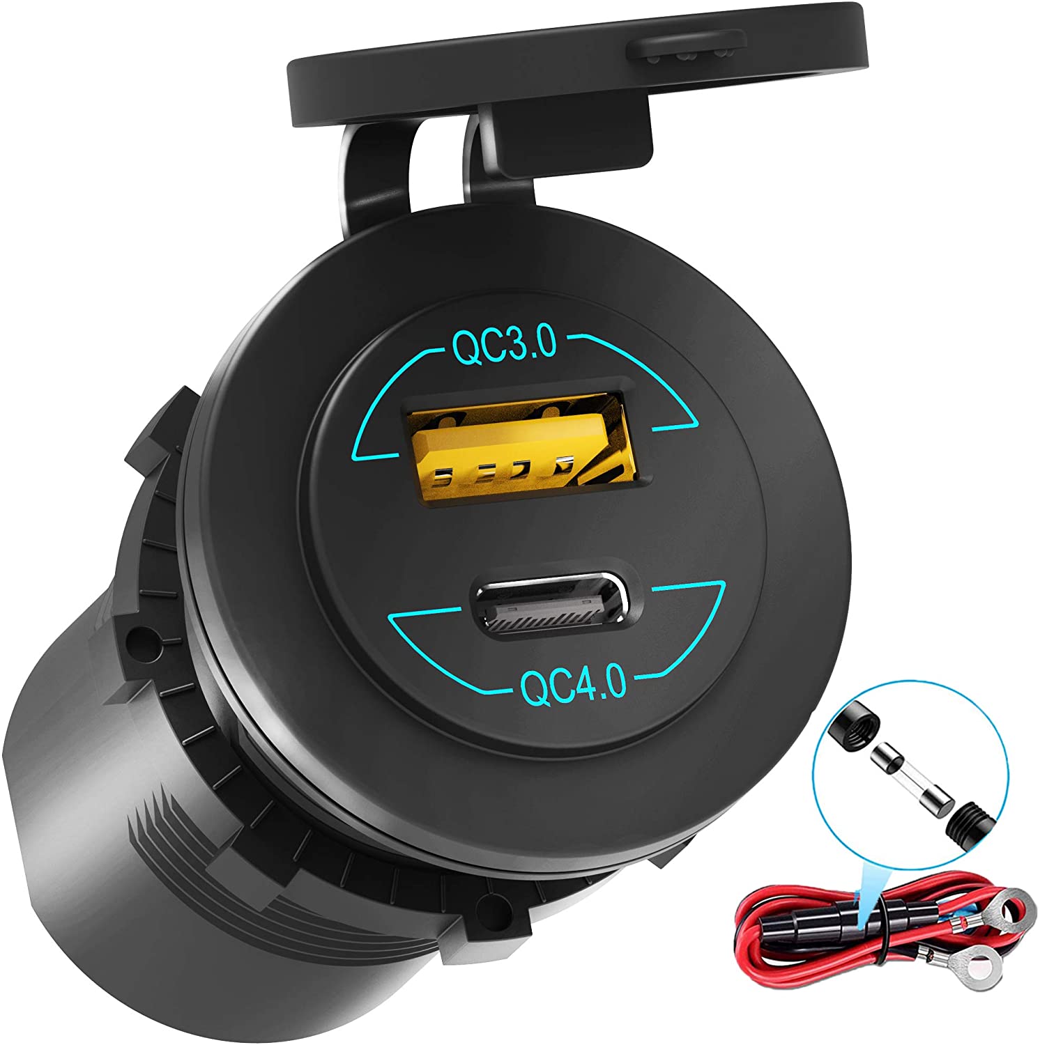 36W Socket Dual USB Type C PD 3.0 (36W) + USB A QC4.0 (18W) Fast Charger for Car, Boat, Marine & RVs