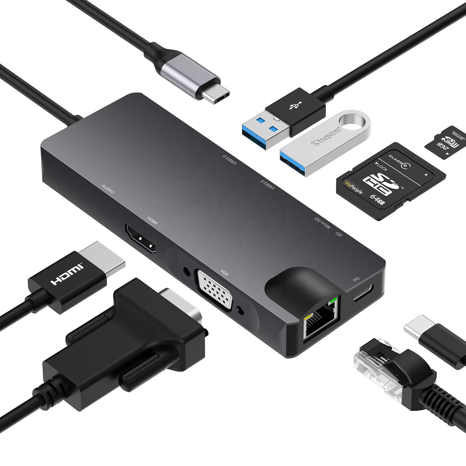 YIGLEE factory 8 in 1 Hub, Docking Station, 2 4K, 3 USB A 3.0 , SD TF Card Reader, PD. for mac win