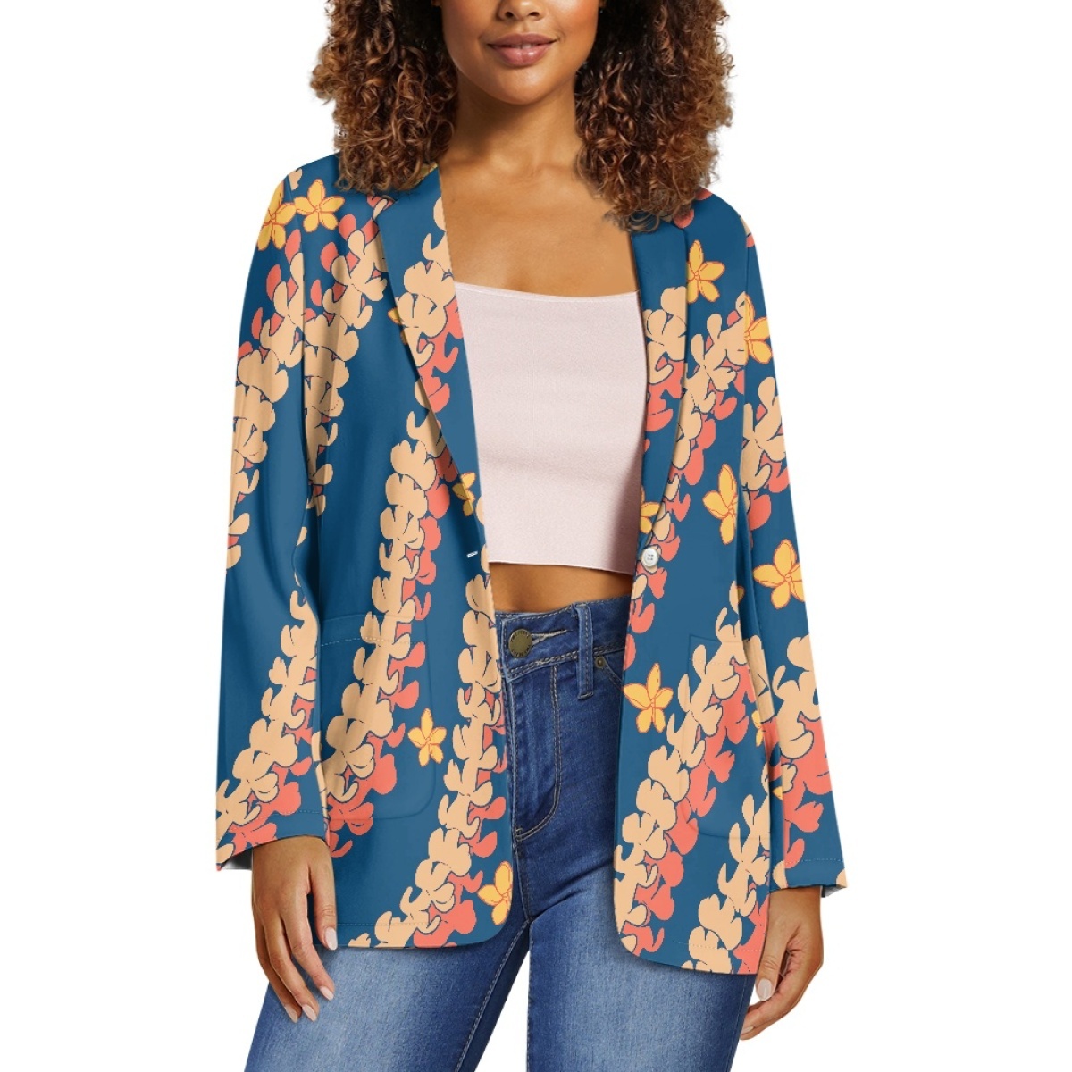 Factory Supply Low Price Low Moq Custom Printing On Demand Puakenikeni Pattern Women's Suits Blazers Ladies Polyester Blazer