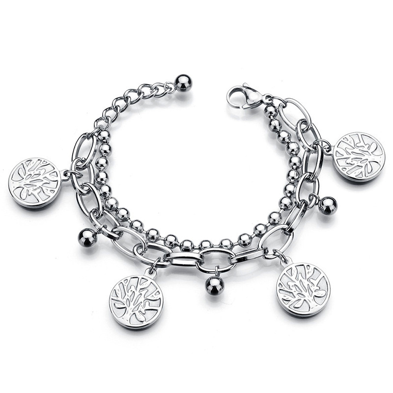 Hot Sale Double Layers Gold Silver Plated Cross Heart Geometric Bracelet Stainless Steel Beaded Bracelet Jewelry