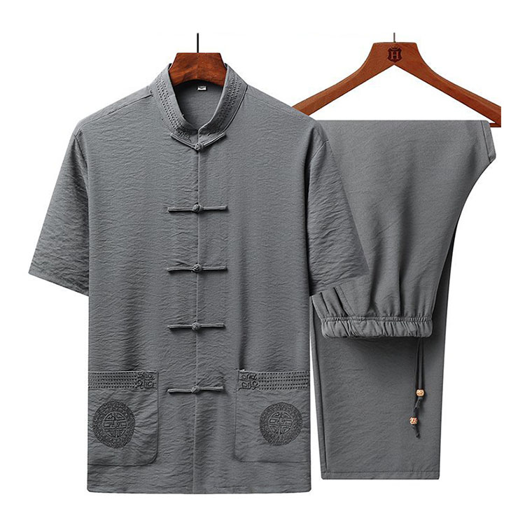Traditional Clothes Plus Size Cloth Buttons Chinese Style Kung Fu Cotton Linen Short-sleeved Embroidery Suit Costumes