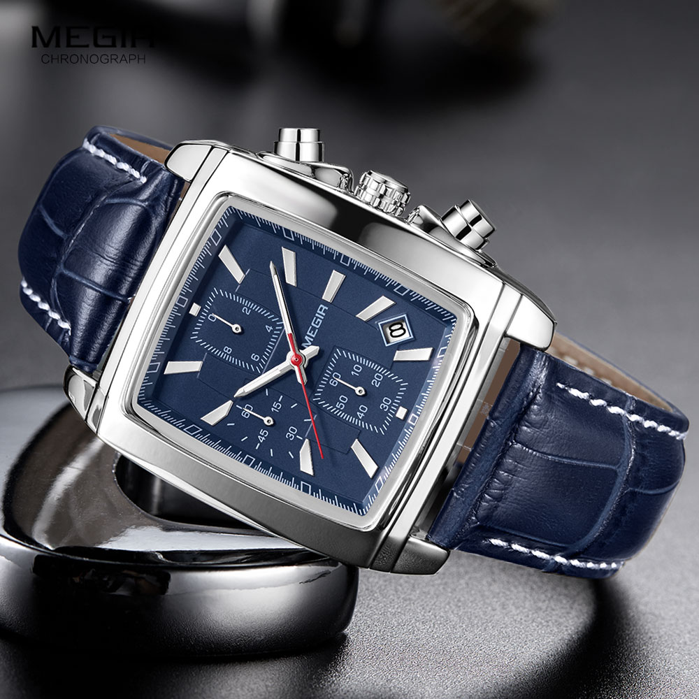 Megir 2028 Rectangle Dial Leather Strap Watch for Men Casual Blue chronograph quartz watches Man Wristwatch montre reloj