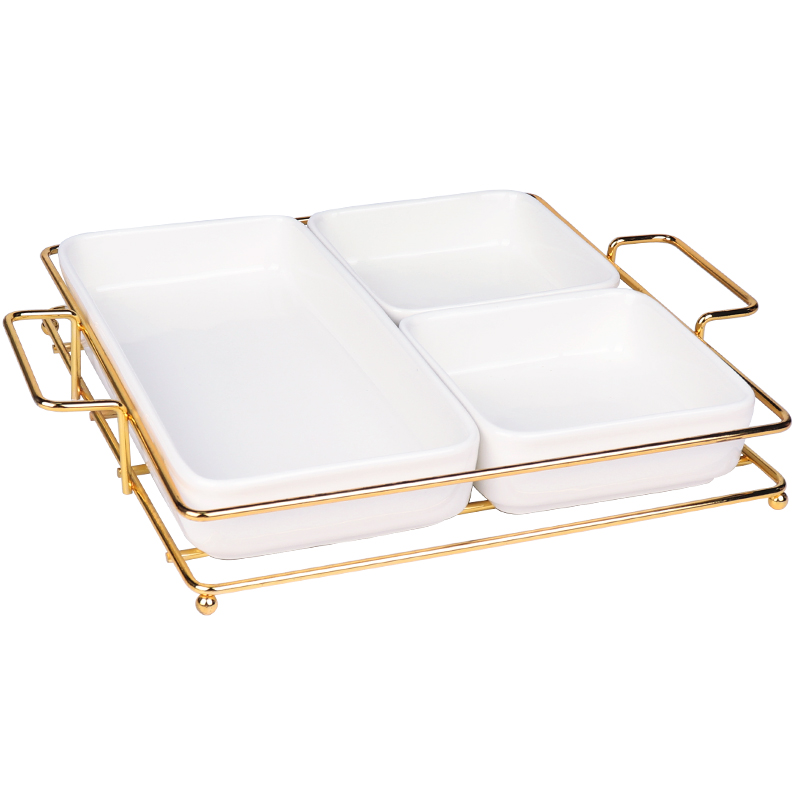 Customized Ceramic Fruit Snack Dishes Golden Metal Stand Home Catering Serving Dishes