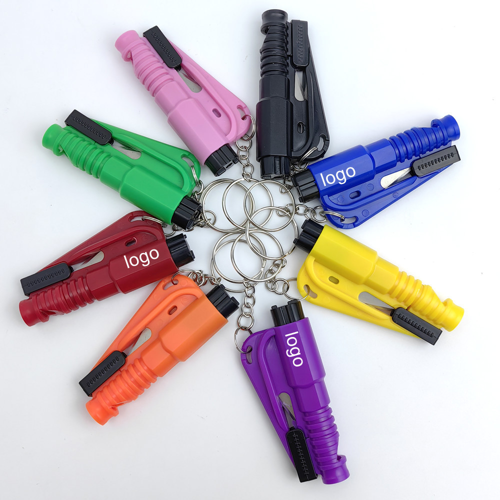 Custom Logo Auto Car Promotional Gifts Window Breaker Woman Self Defense Items Keyring Seat Belt Cutter Plastic Keychain