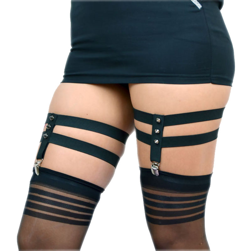 lady female nude clip pantyhose tights Rivet sexy thigh ring punk rock style performance leg decoration garter stockings belt