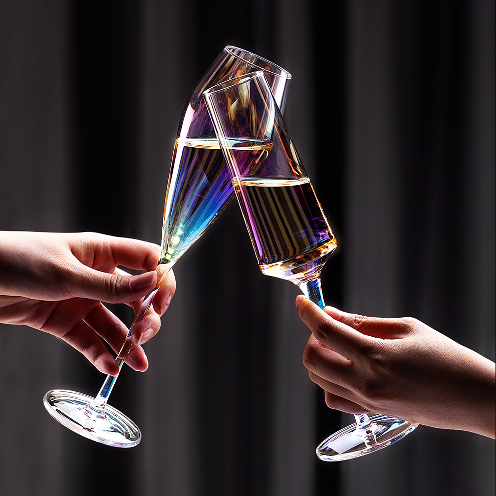 Fine Dining Modern Drinkware Wine Glasses Lead Free Vertical Stripes Goblet Glassware Banquet Electroplated Champagne Glass Cup