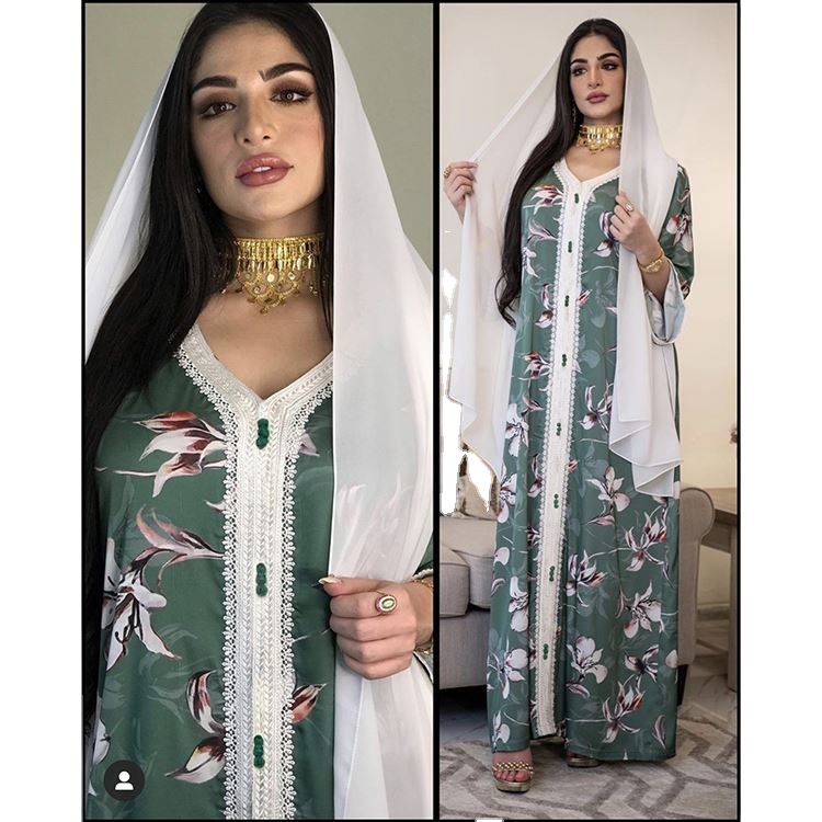 KD0823 Muslim Kaftan Islamic Clothing Turkish V-neck Floral Latest Morrocan Printed Lace Maxi Long Dress Women Dubai Abaya
