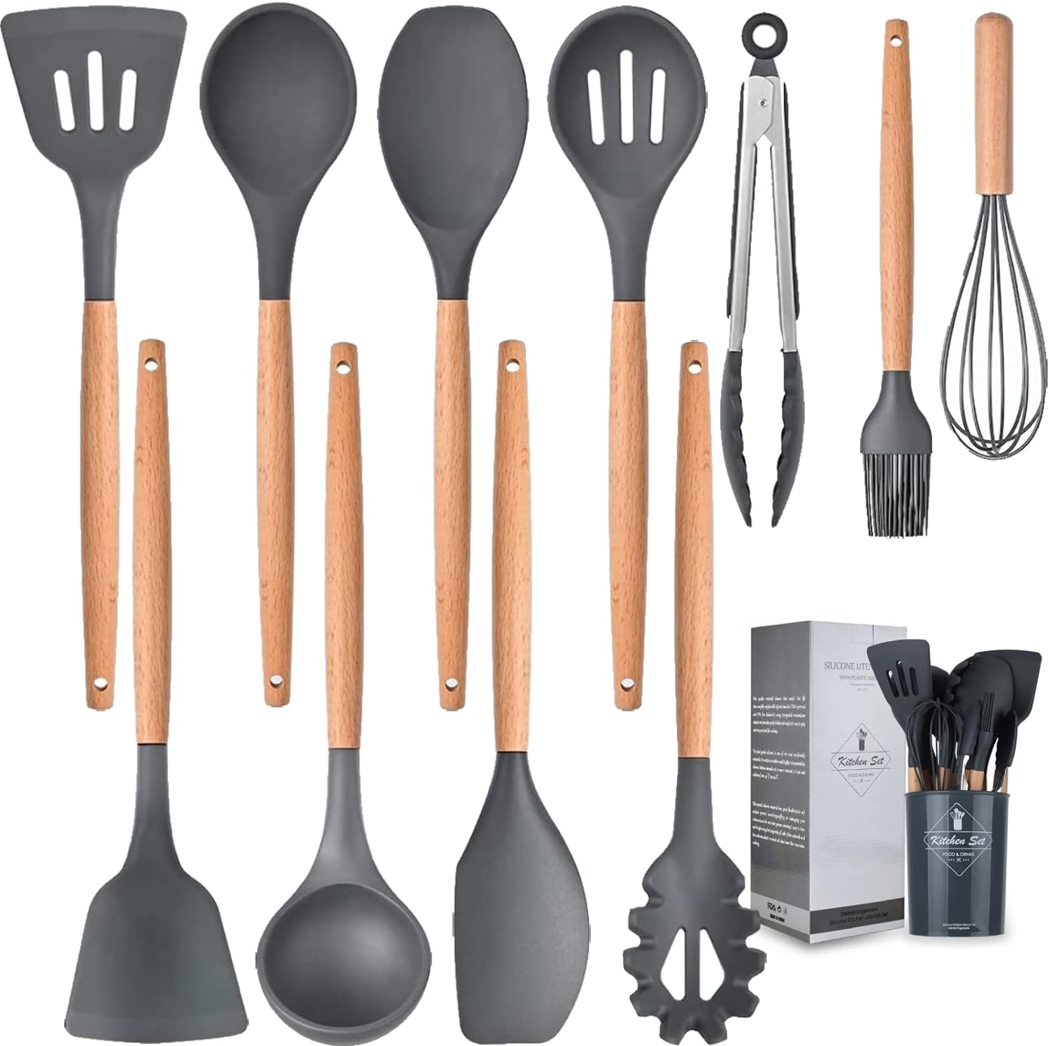 14 Pcs Fungun Kitchen Gadgets Tools Set Khaki Heat Resistant Silicone Kitchen Cooking Utensil Set for Nonstick Cookware