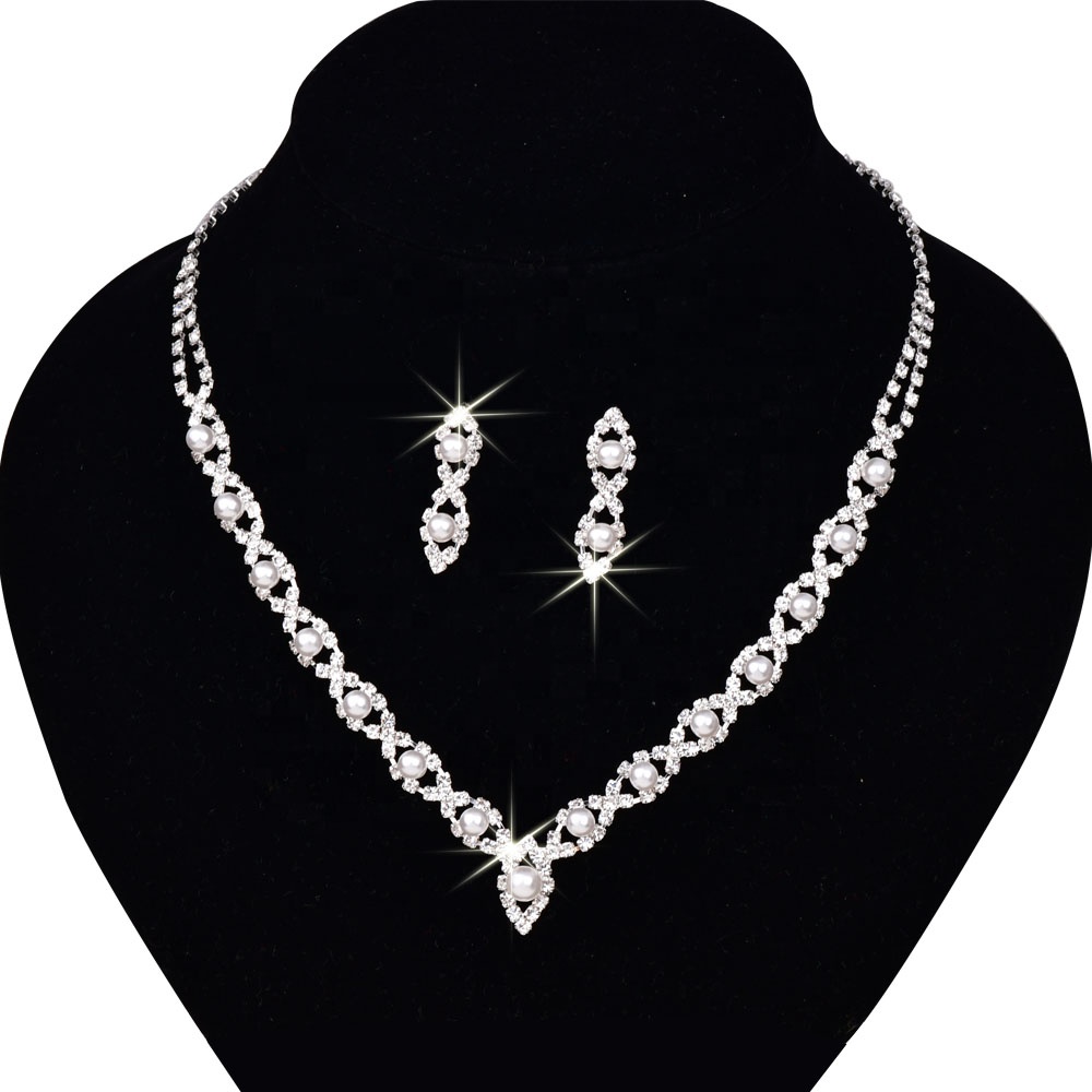 Wholesale Fashion Silver Rhinestone Pearl Jewelry Women Necklace and Earring Set