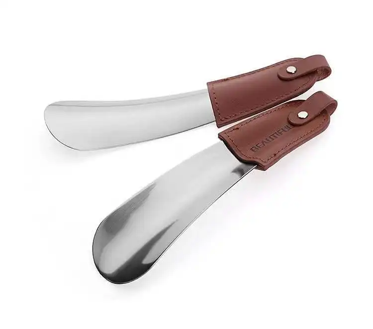 Trendy natural modern short metal stainless steel shoe horn with leather cover shoe horn