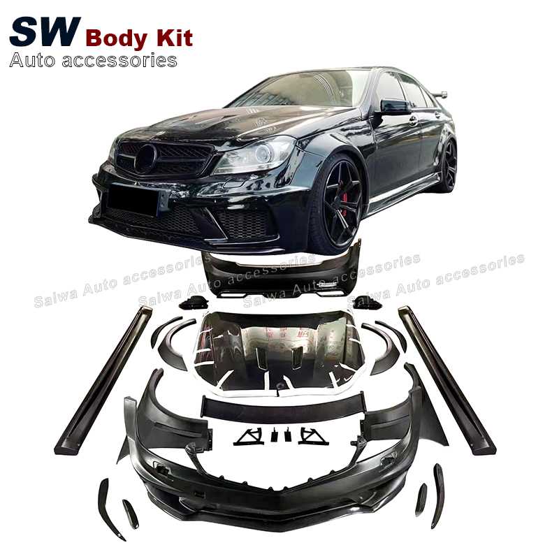 Комплект широкого кузова из стекловолокна для Mercedes Benz C-Class W204 C63 C200 C300, Стильная черная серия, бампер, боковые юбки, спойлер для крыла