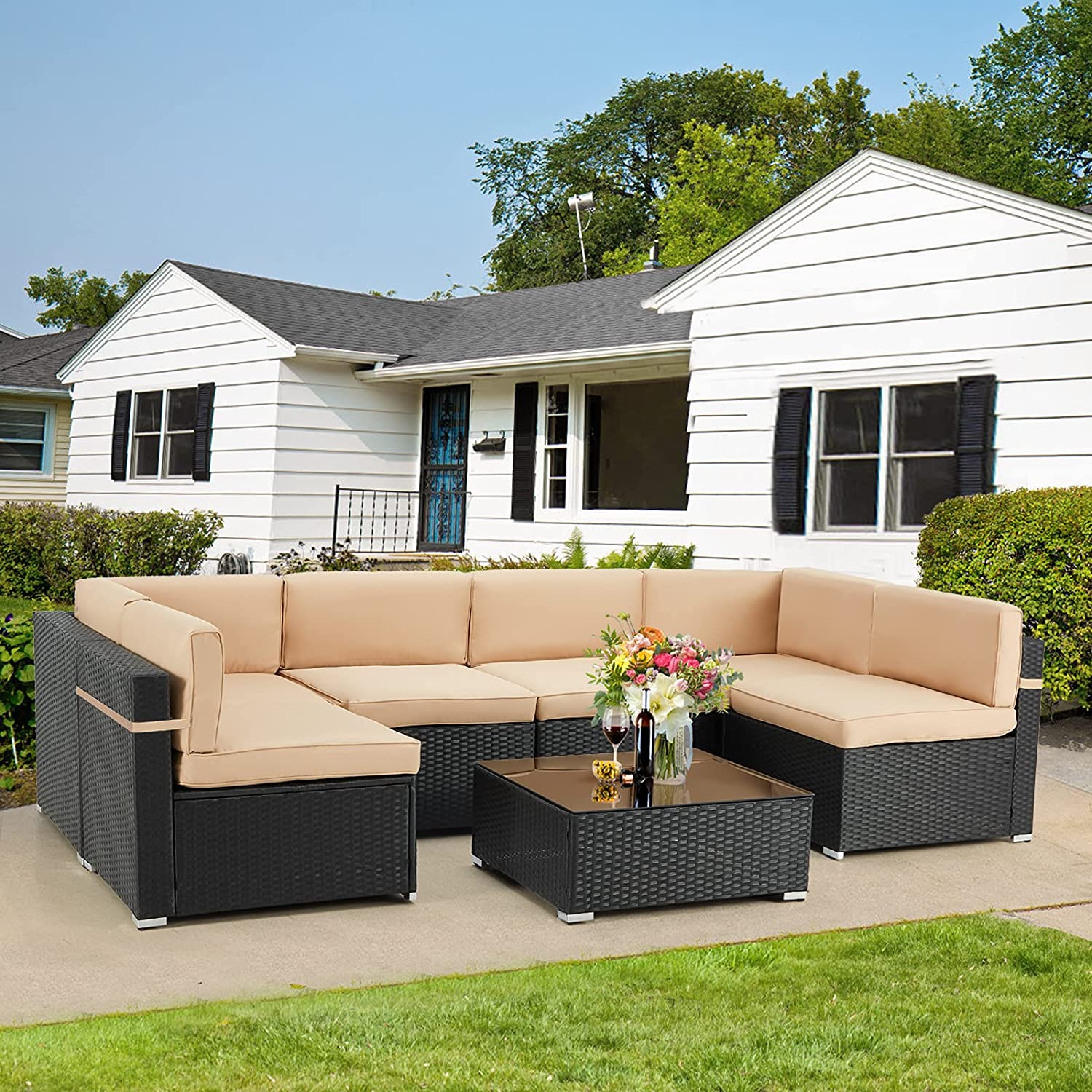 Patio Furniture Set,4 PCS Outdoor Conversation Set All Weather Wicker Sectional Sofa Couch Dining Table Chair with Ottoman