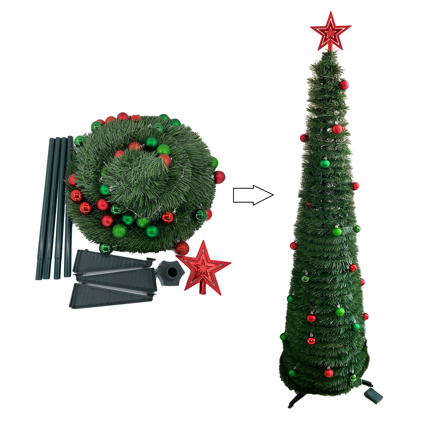 Christmas Tree 6ft Collapsible Pop up Tinsel Tree with Led Lights Plastic Balls Star Tree Topper Artificial Christmas Tree