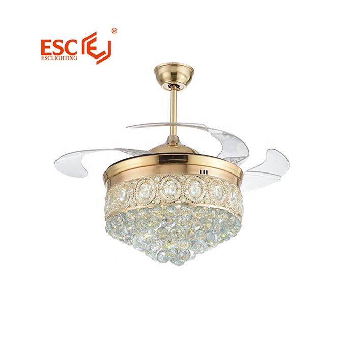 Modern decorative invisible retractable 42 inch gold/silver crystal led ceiling fan light 36w