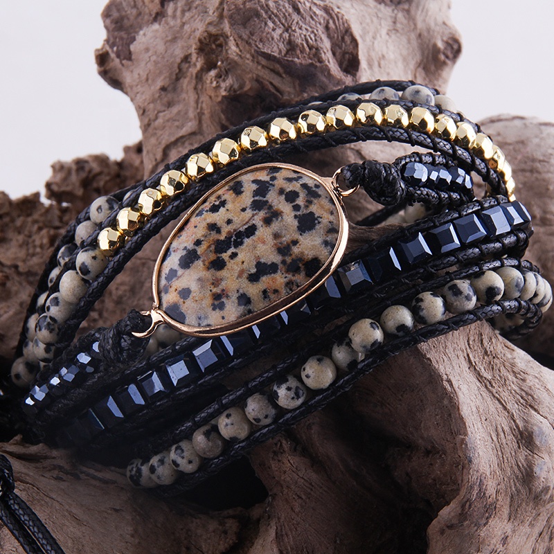 Fashion Beaded Jewelry Bracelet Handmade Natural Stones and Stone Charm 5 Strands Dalmation jasper Leather Wrap Bracelets